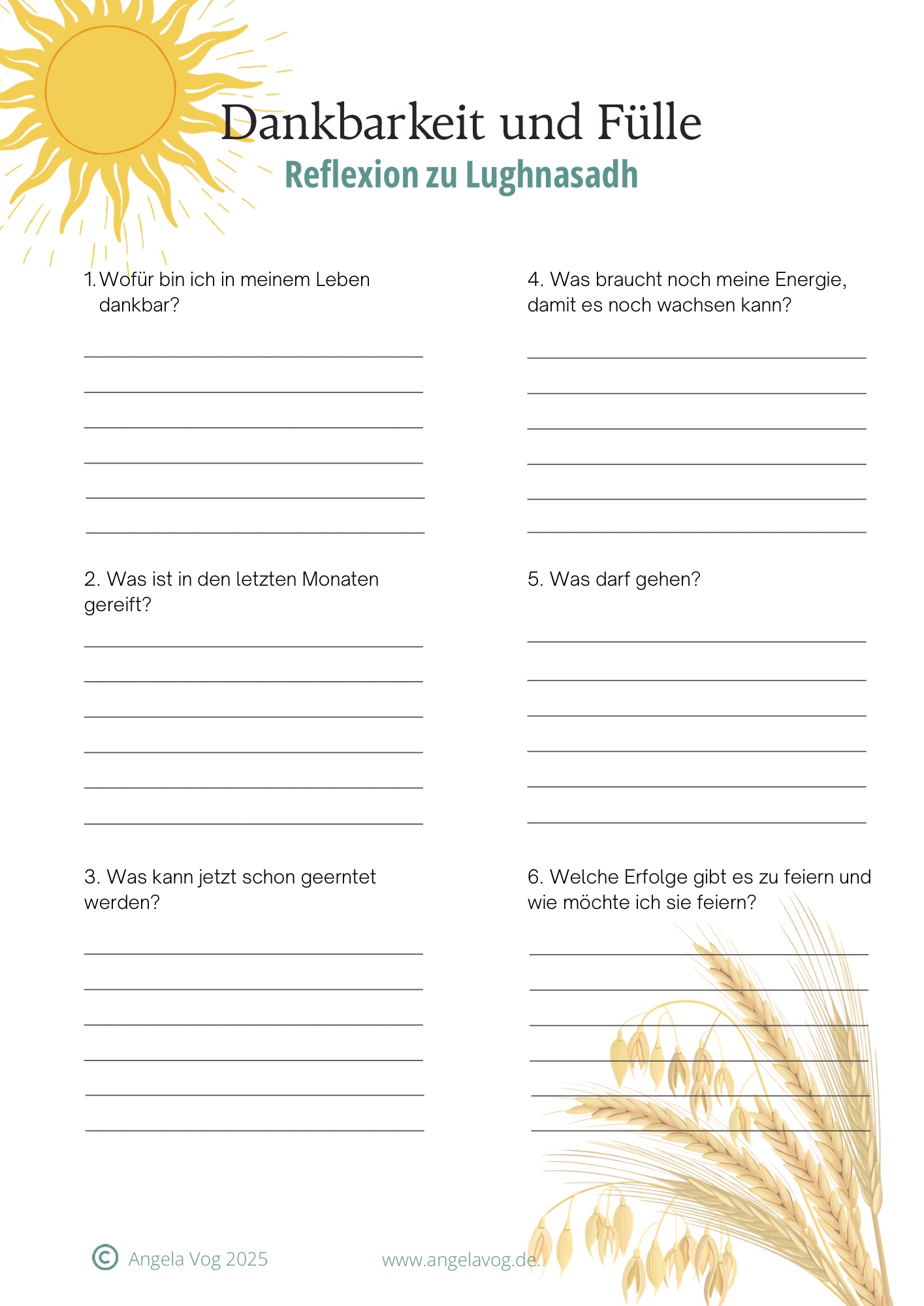 Journaling Blatt für Lughnasadh